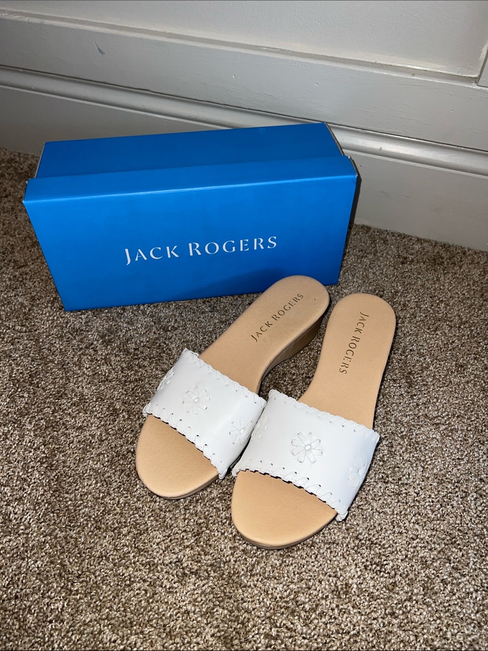 Jack Rogers White Leather Slide Sandals with Floral Cutouts